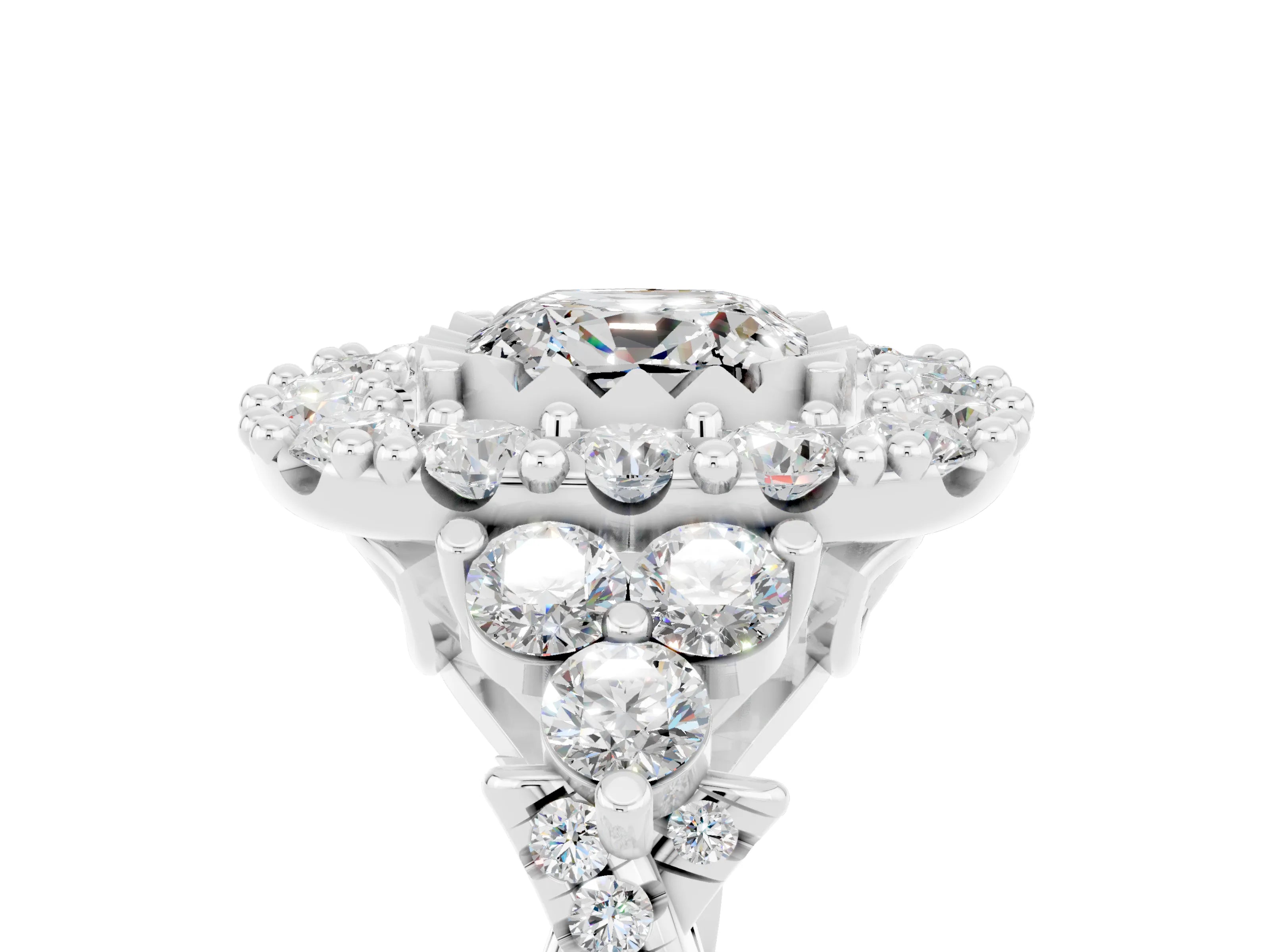 White gold Cushion Cut Moissanite Halo Ring with Pavé Band and Four-Prong Setting_17