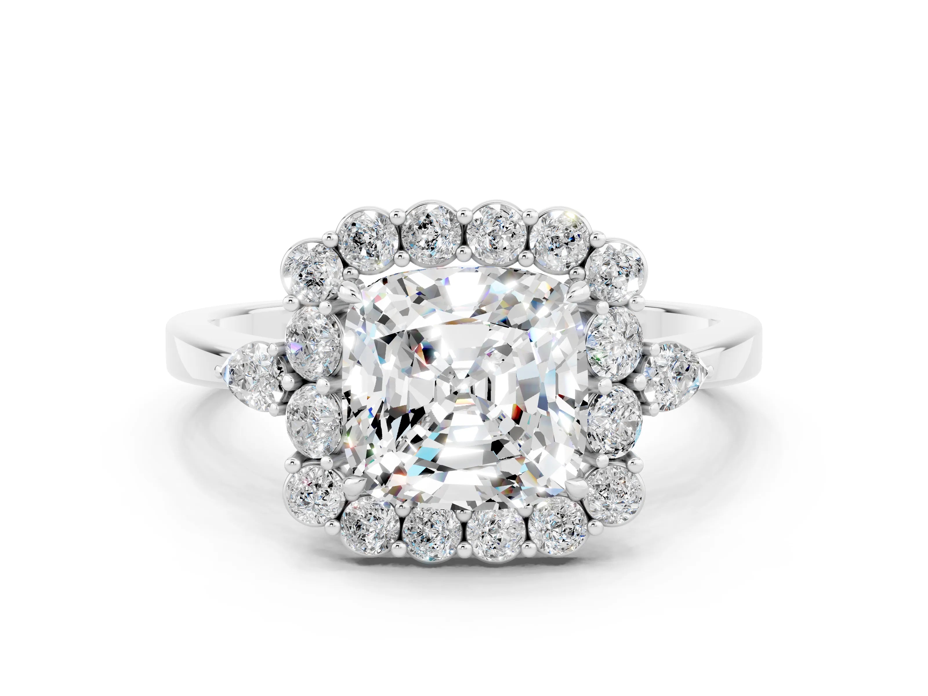 White gold Cushion Cut Moissanite Halo Ring with Pear Side Stones and Prong Setting_24