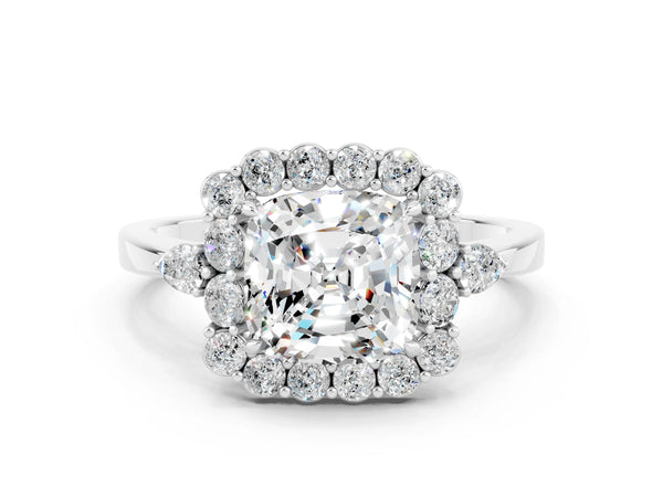 Silver Cushion Cut Moissanite Halo Ring with Pear Side Stones and Prong Setting