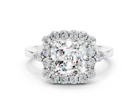 White gold Cushion Cut Moissanite Halo Ring with Pear Side Stones and Prong Setting_24