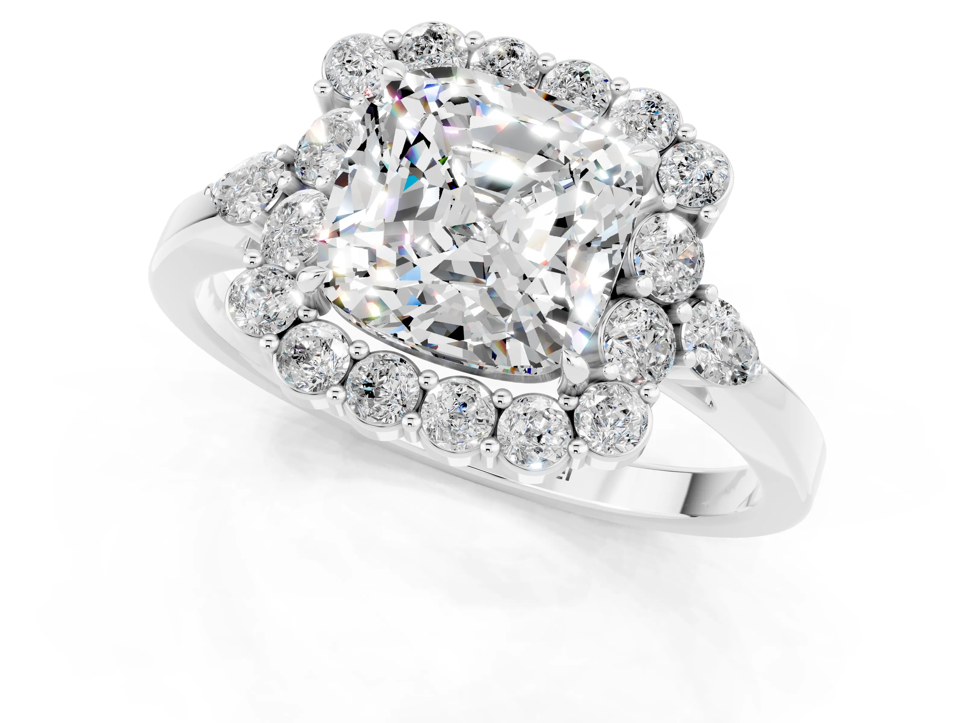 White gold Cushion Cut Moissanite Halo Ring with Pear Side Stones and Prong Setting_25