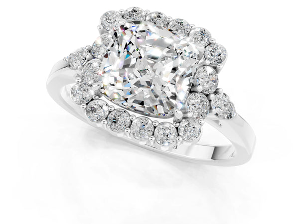 White gold Cushion Cut Moissanite Halo Ring with Pear Side Stones and Prong Setting