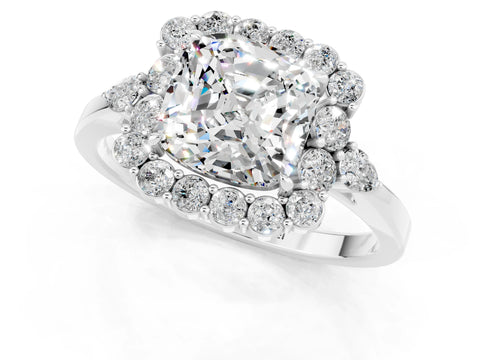 White gold Cushion Cut Moissanite Halo Ring with Pear Side Stones and Prong Setting_25