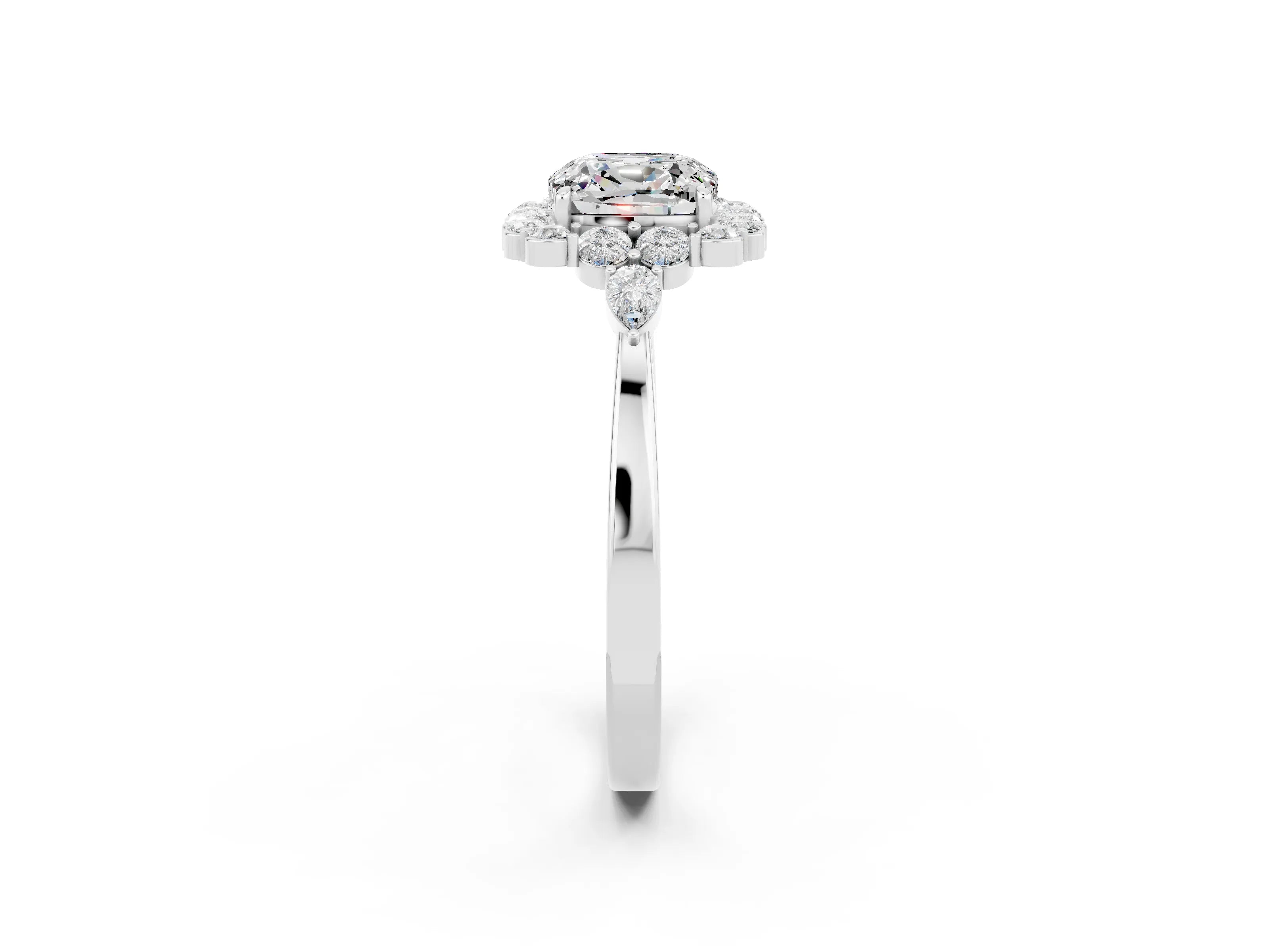 White gold Cushion Cut Moissanite Halo Ring with Pear Side Stones and Prong Setting_26