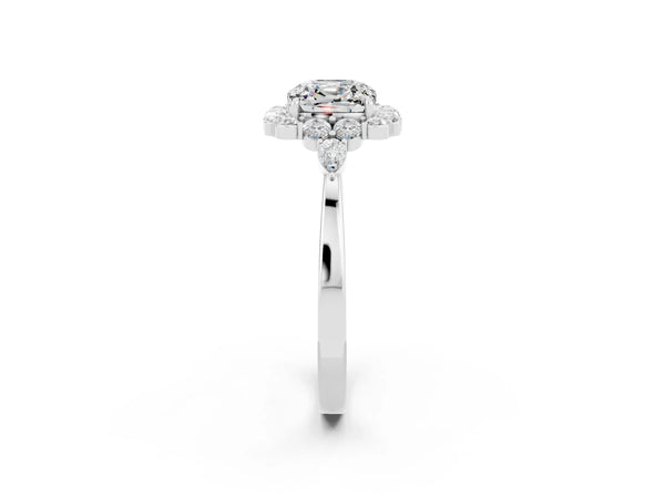 Silver Cushion Cut Moissanite Halo Ring with Pear Side Stones and Prong Setting