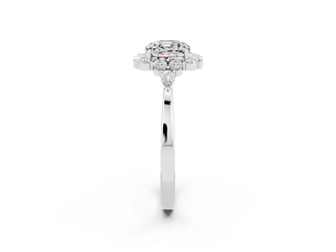 White gold Cushion Cut Moissanite Halo Ring with Pear Side Stones and Prong Setting_26