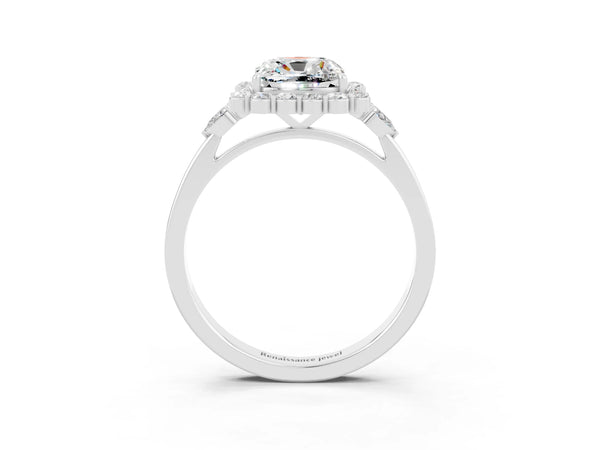 White gold Cushion Cut Moissanite Halo Ring with Pear Side Stones and Prong Setting