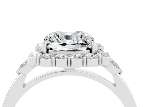 White gold Cushion Cut Moissanite Halo Ring with Pear Side Stones and Prong Setting_28