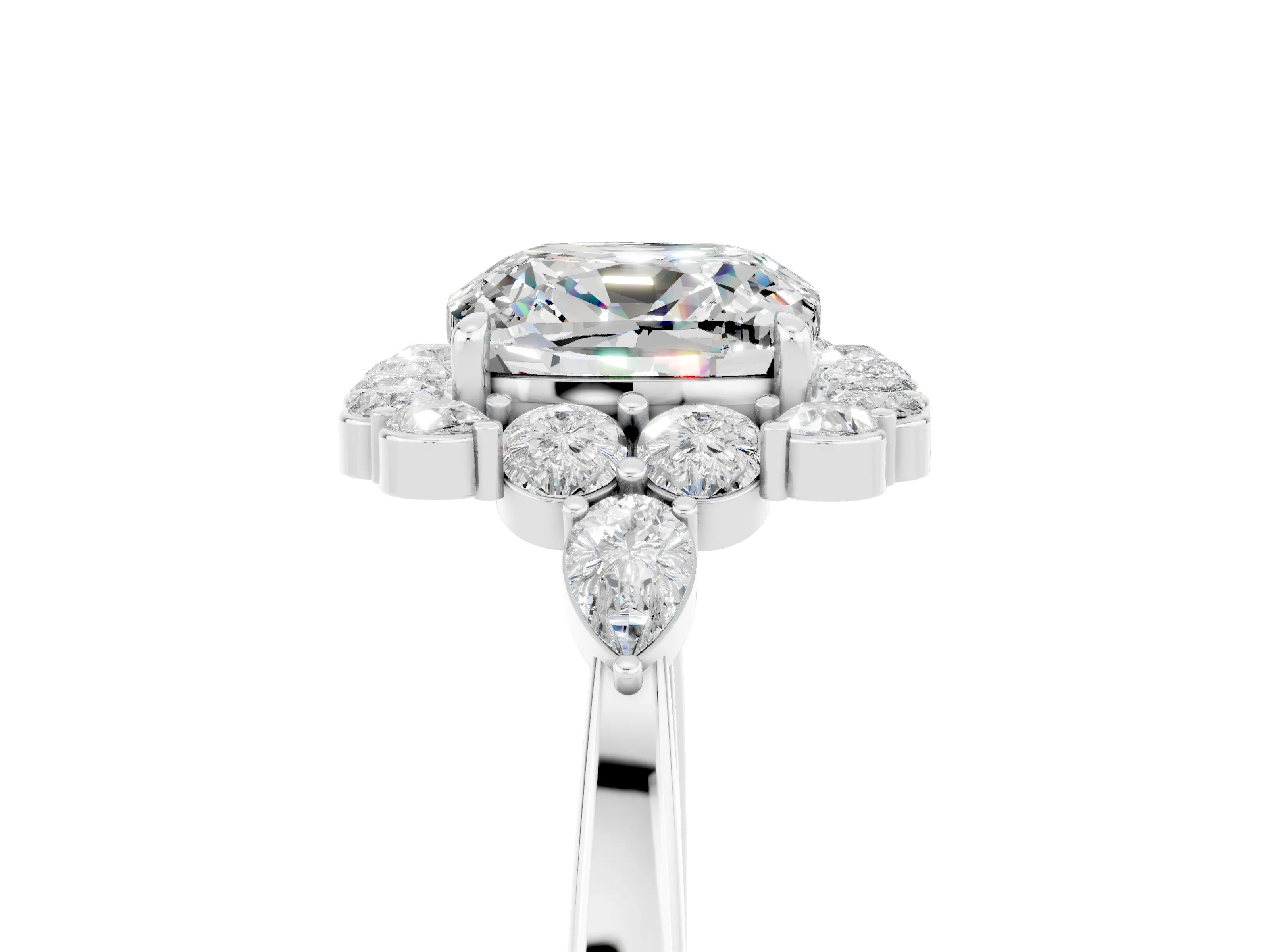 White gold Cushion Cut Moissanite Halo Ring with Pear Side Stones and Prong Setting_29