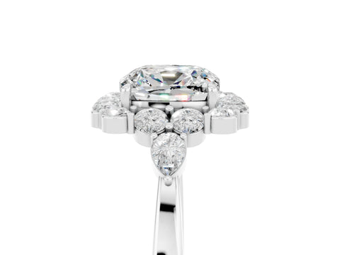White gold Cushion Cut Moissanite Halo Ring with Pear Side Stones and Prong Setting_29