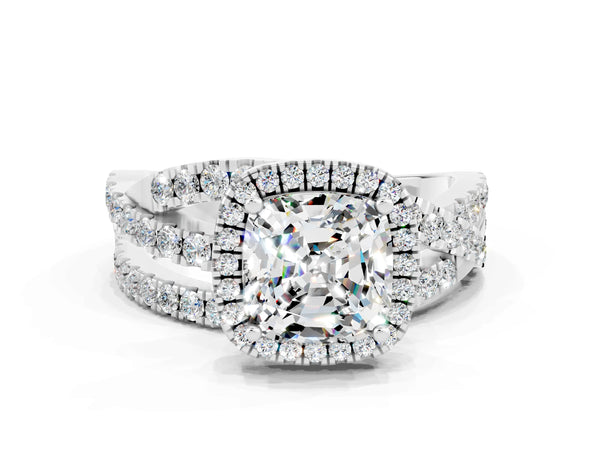 Platinum Cushion Cut Moissanite Halo Ring with Round Split Shank and Prong Setting