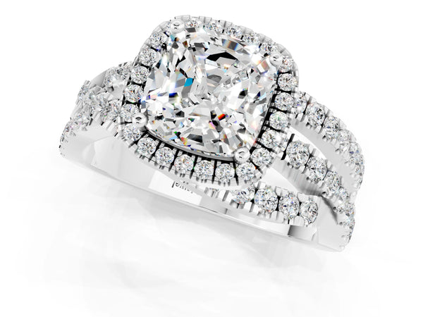 Platinum Cushion Cut Moissanite Halo Ring with Round Split Shank and Prong Setting