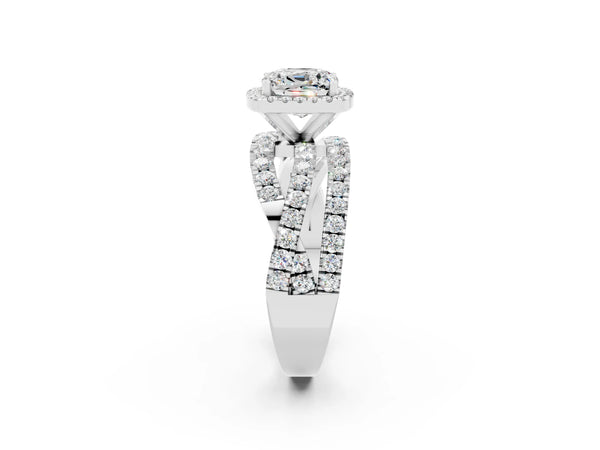Silver Cushion Cut Moissanite Halo Ring with Round Split Shank and Prong Setting