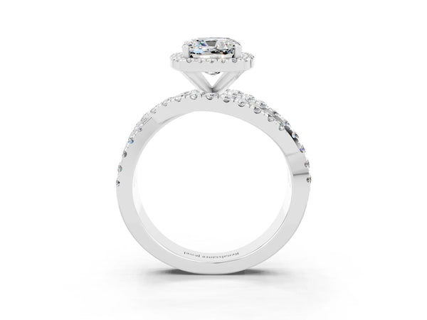 Platinum Cushion Cut Moissanite Halo Ring with Round Split Shank and Prong Setting