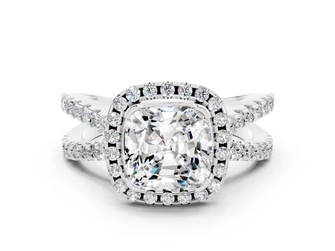 White gold Cushion Cut Moissanite Halo Ring with Split Shank Pavé Band and Prong Setting