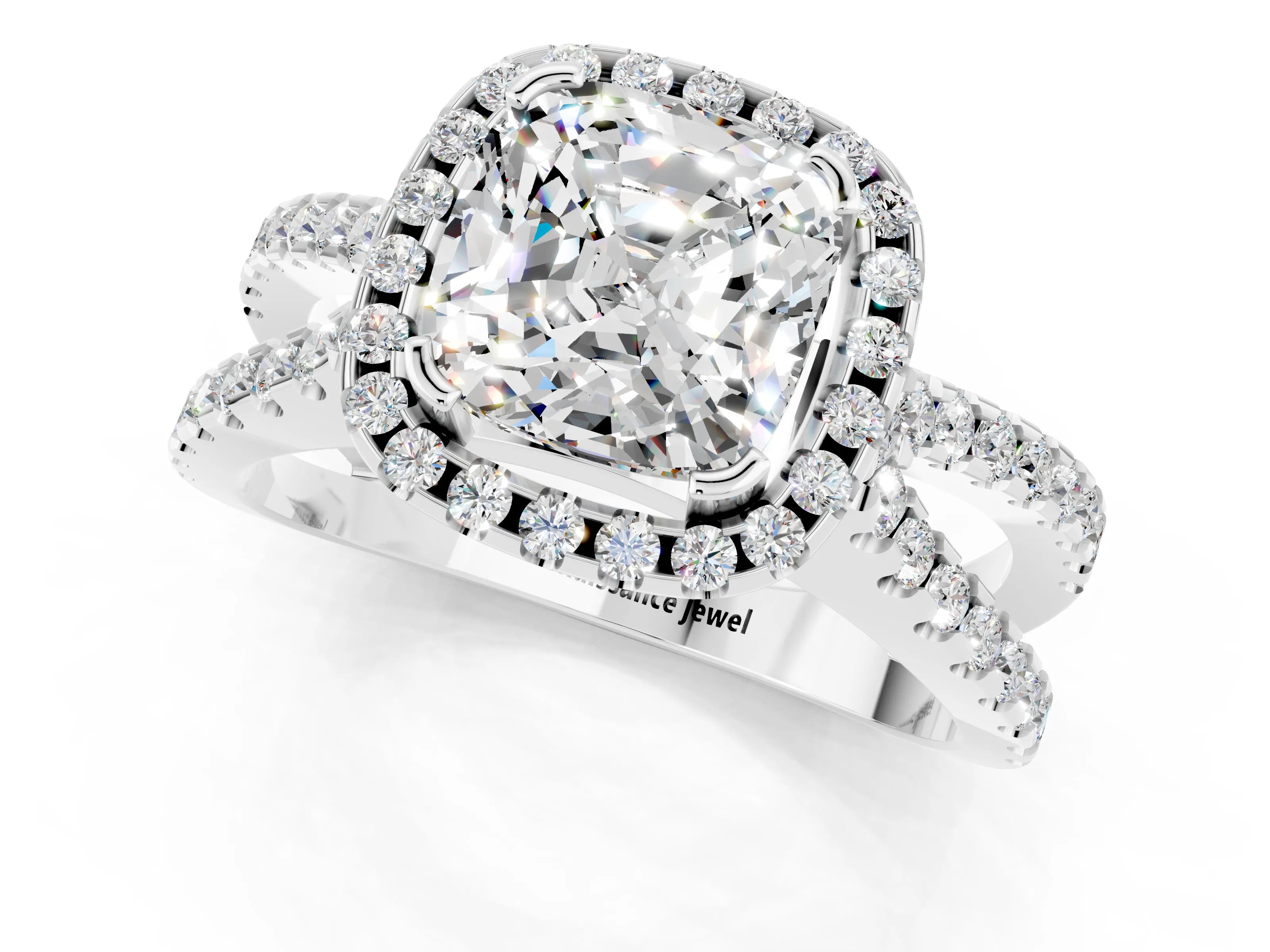 White gold Cushion Cut Moissanite Halo Ring with Split Shank Pavé Band and Prong Setting_1