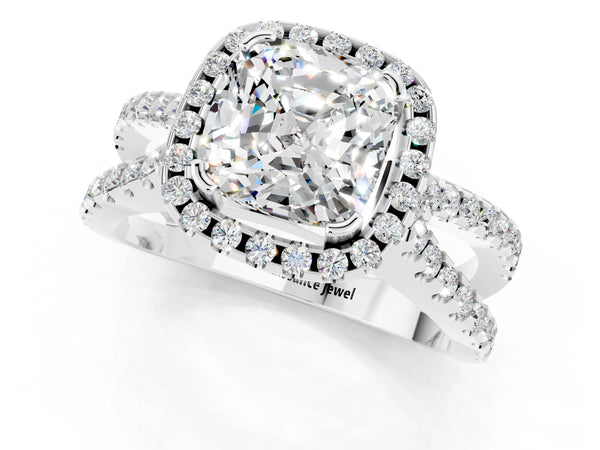 Platinum Cushion Cut Moissanite Halo Ring with Split Shank Pavé Band and Prong Setting