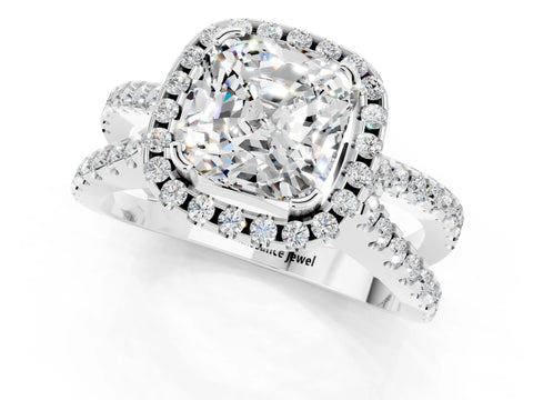 White gold Cushion Cut Moissanite Halo Ring with Split Shank Pavé Band and Prong Setting_1