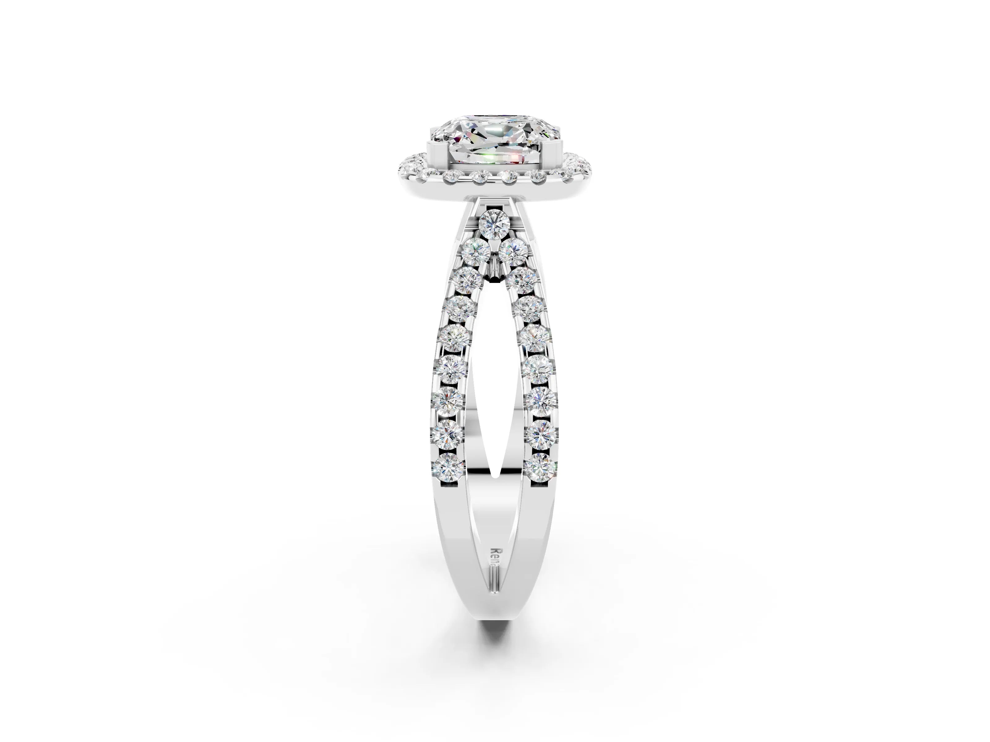 White gold Cushion Cut Moissanite Halo Ring with Split Shank Pavé Band and Prong Setting_2