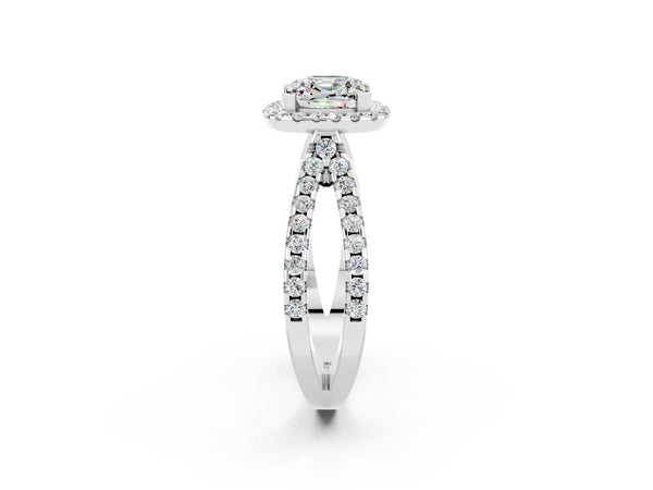 White gold Cushion Cut Moissanite Halo Ring with Split Shank Pavé Band and Prong Setting