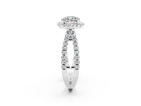 White gold Cushion Cut Moissanite Halo Ring with Split Shank Pavé Band and Prong Setting_2