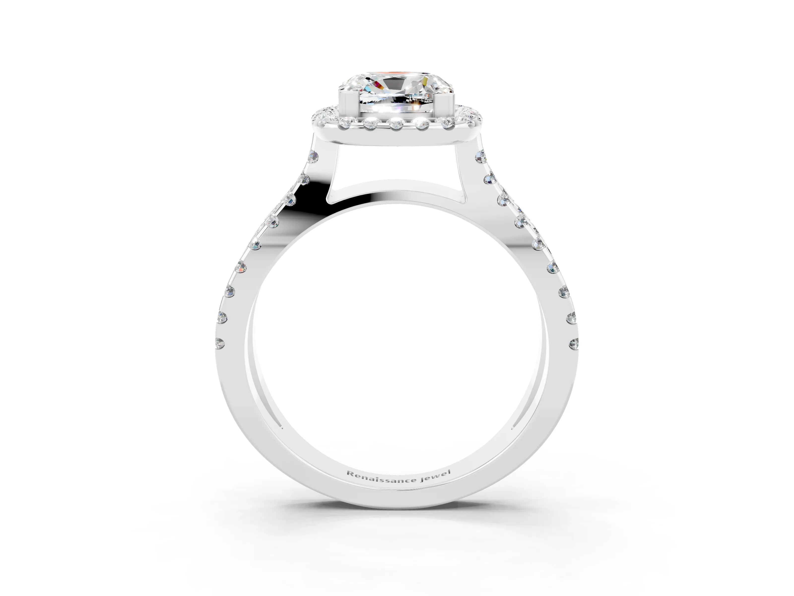 White gold Cushion Cut Moissanite Halo Ring with Split Shank Pavé Band and Prong Setting_3
