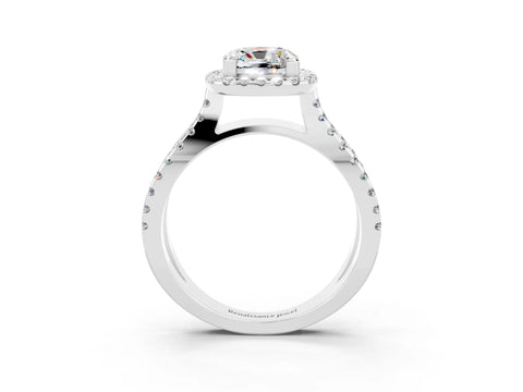 White gold Cushion Cut Moissanite Halo Ring with Split Shank Pavé Band and Prong Setting_3