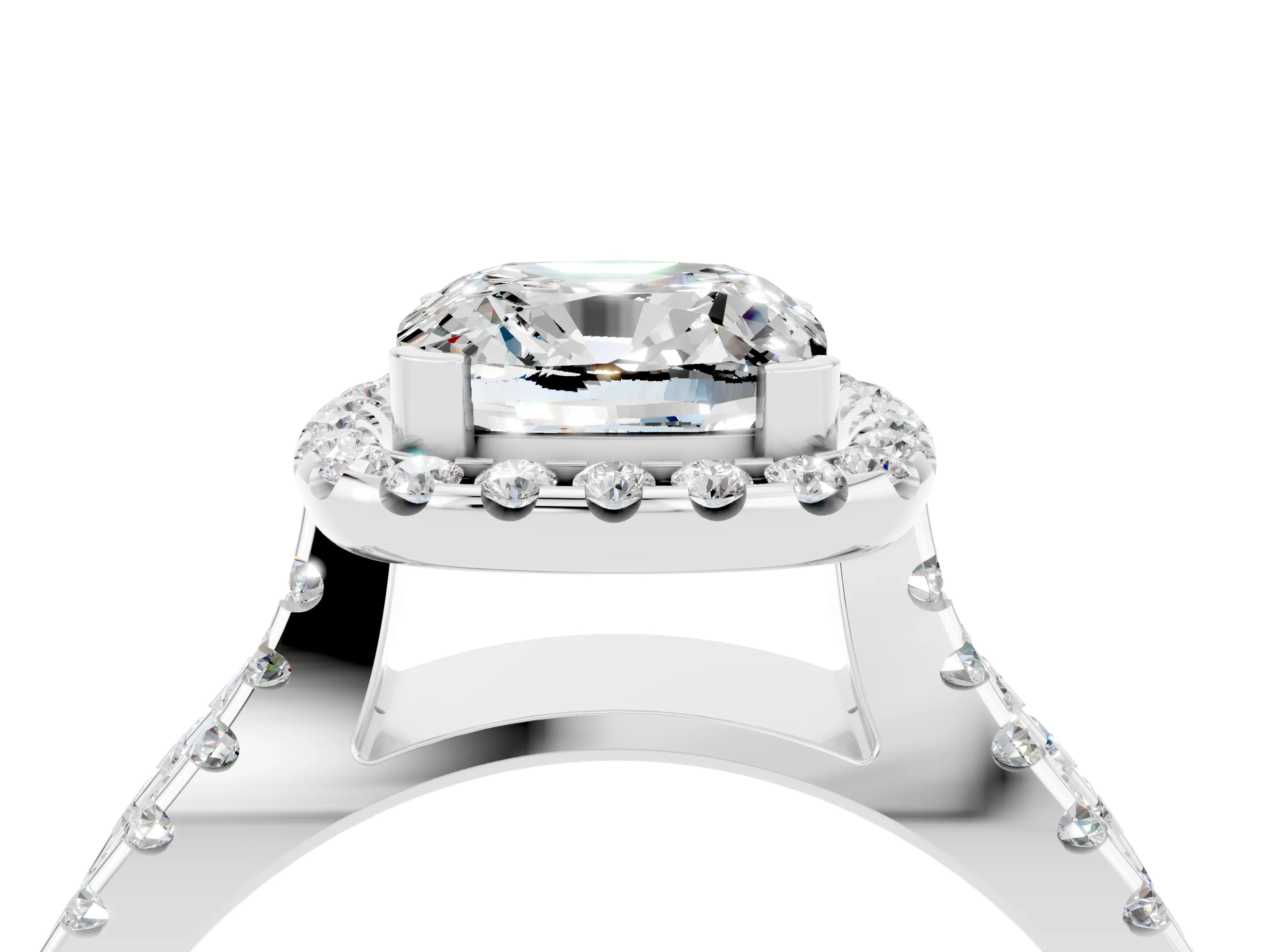 White gold Cushion Cut Moissanite Halo Ring with Split Shank Pavé Band and Prong Setting_4