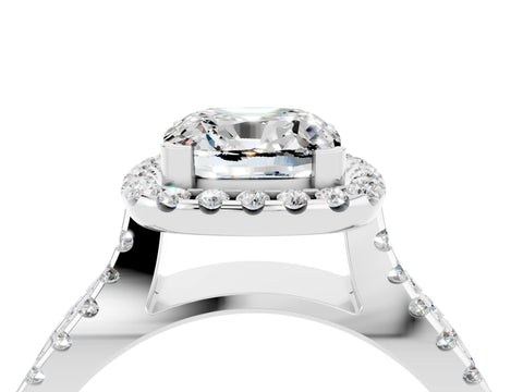 White gold Cushion Cut Moissanite Halo Ring with Split Shank Pavé Band and Prong Setting_4