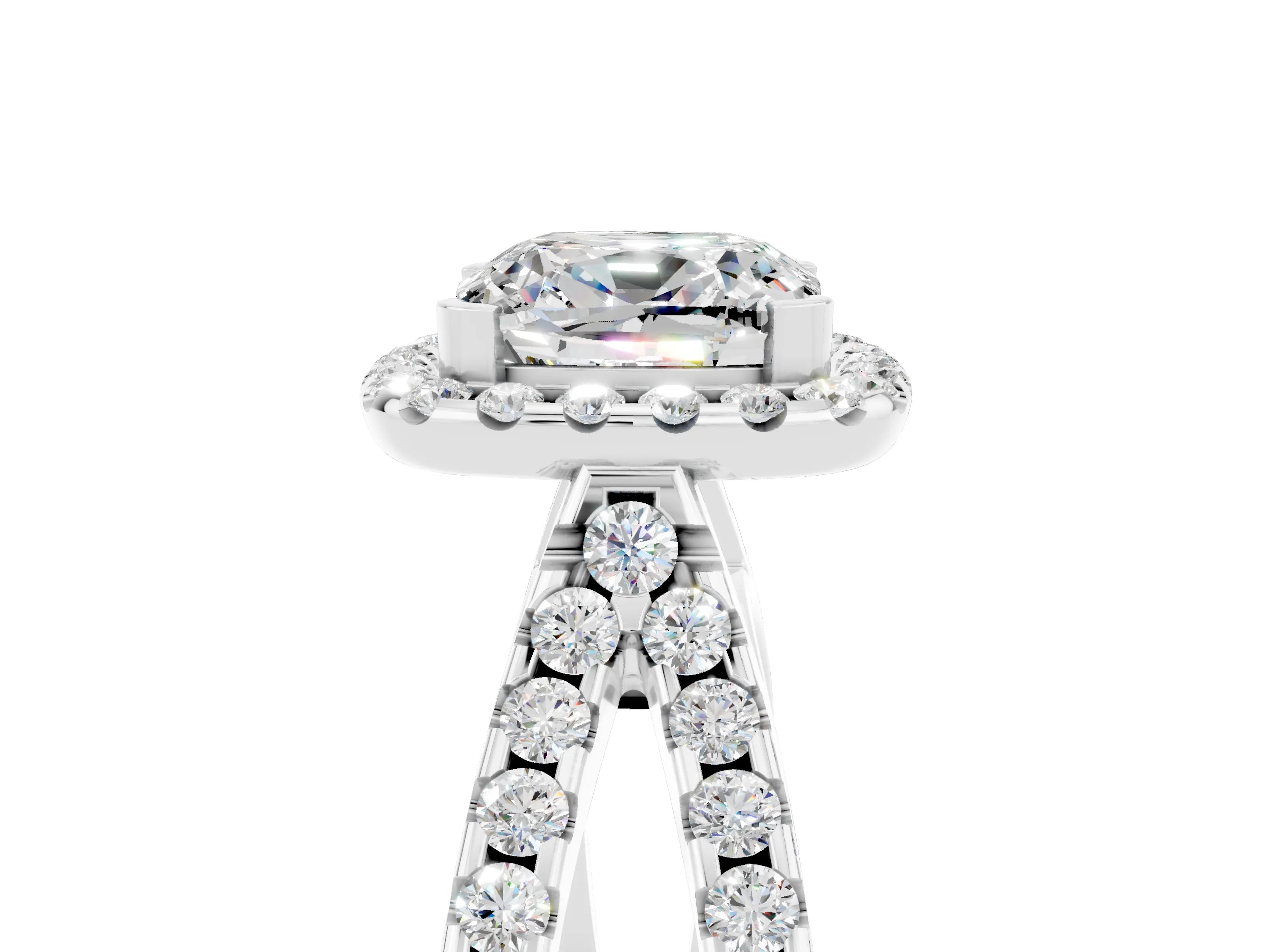 White gold Cushion Cut Moissanite Halo Ring with Split Shank Pavé Band and Prong Setting_5