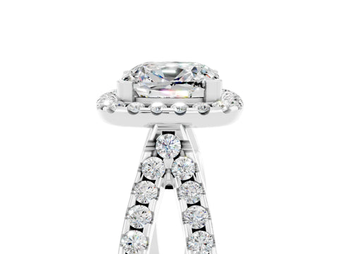 White gold Cushion Cut Moissanite Halo Ring with Split Shank Pavé Band and Prong Setting_5
