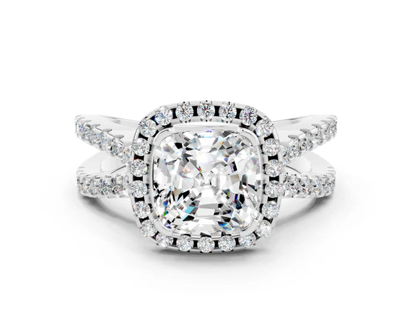 White gold Cushion Cut Moissanite Halo Ring with Split Shank Pavé Band and Prong Setting