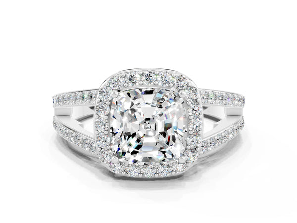 Platinum Cushion Cut Moissanite Halo Ring with Split Shank U-Prong Band and Four-Prong Setting