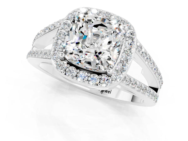 Silver Cushion Cut Moissanite Halo Ring with Split Shank U-Prong Band and Four-Prong Setting