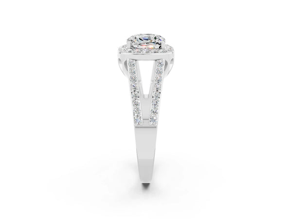 Platinum Cushion Cut Moissanite Halo Ring with Split Shank U-Prong Band and Four-Prong Setting