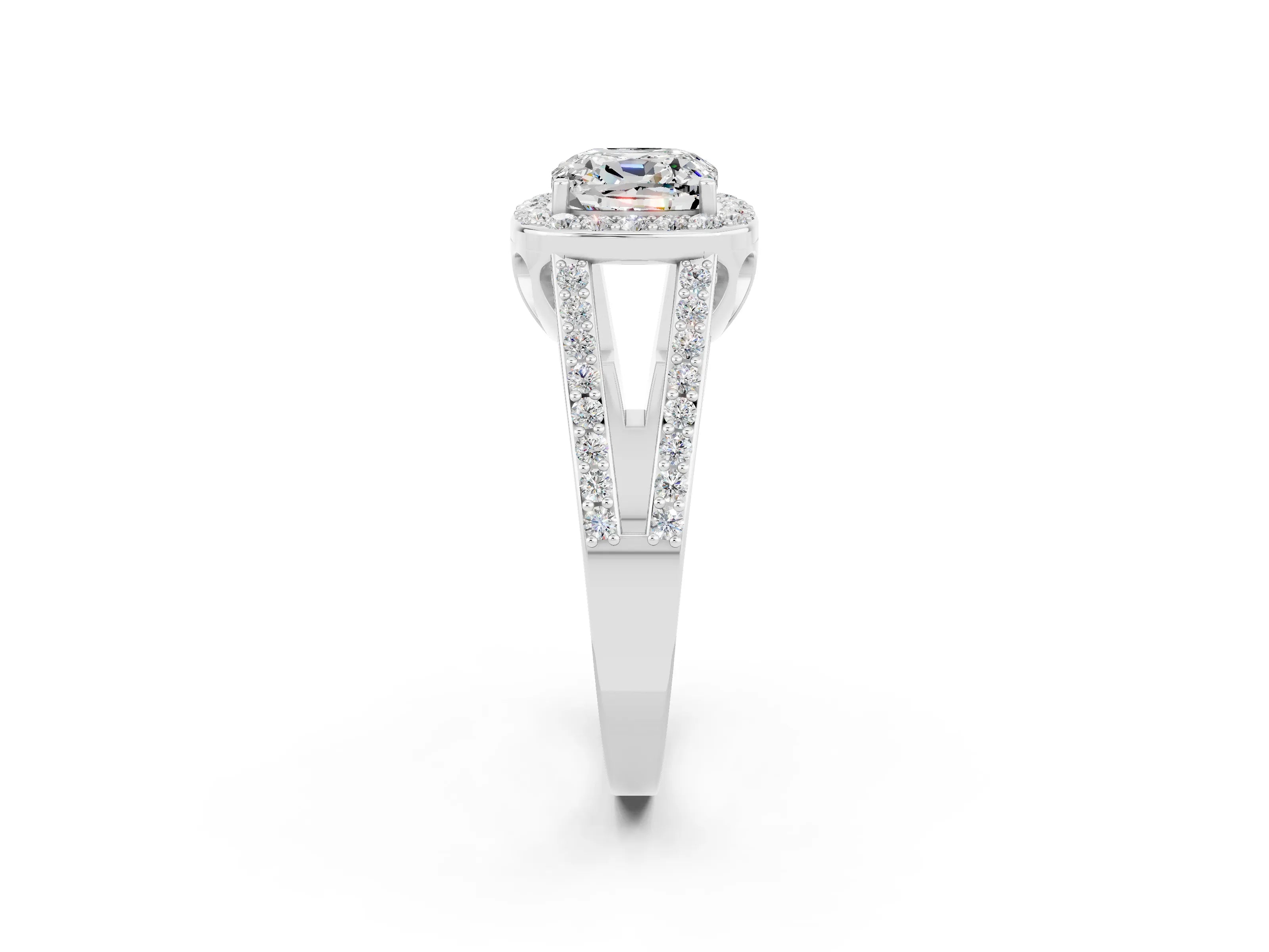 White gold Cushion Cut Moissanite Halo Ring with Split Shank U-Prong Band and Four-Prong Setting_2