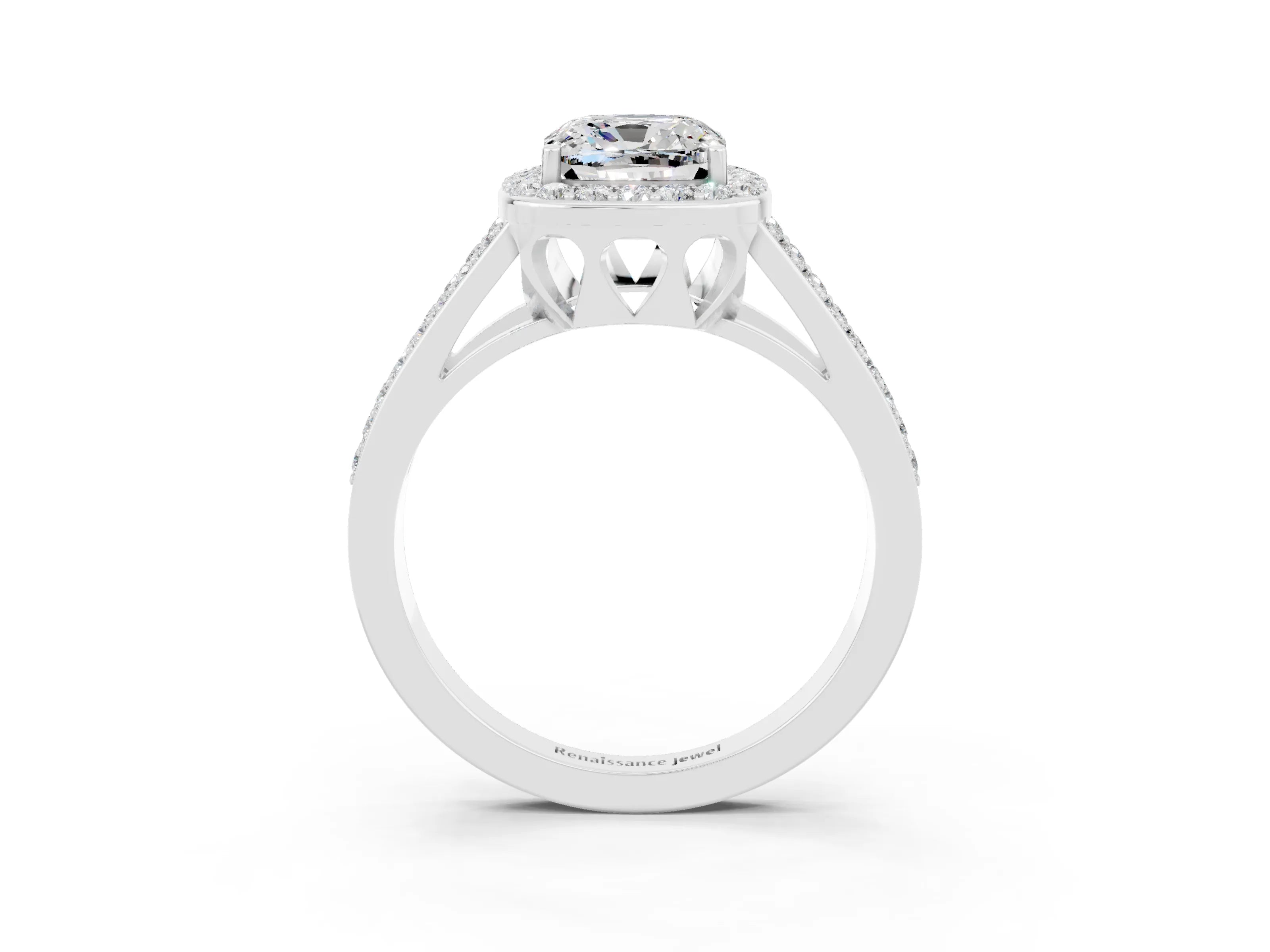 White gold Cushion Cut Moissanite Halo Ring with Split Shank U-Prong Band and Four-Prong Setting_3