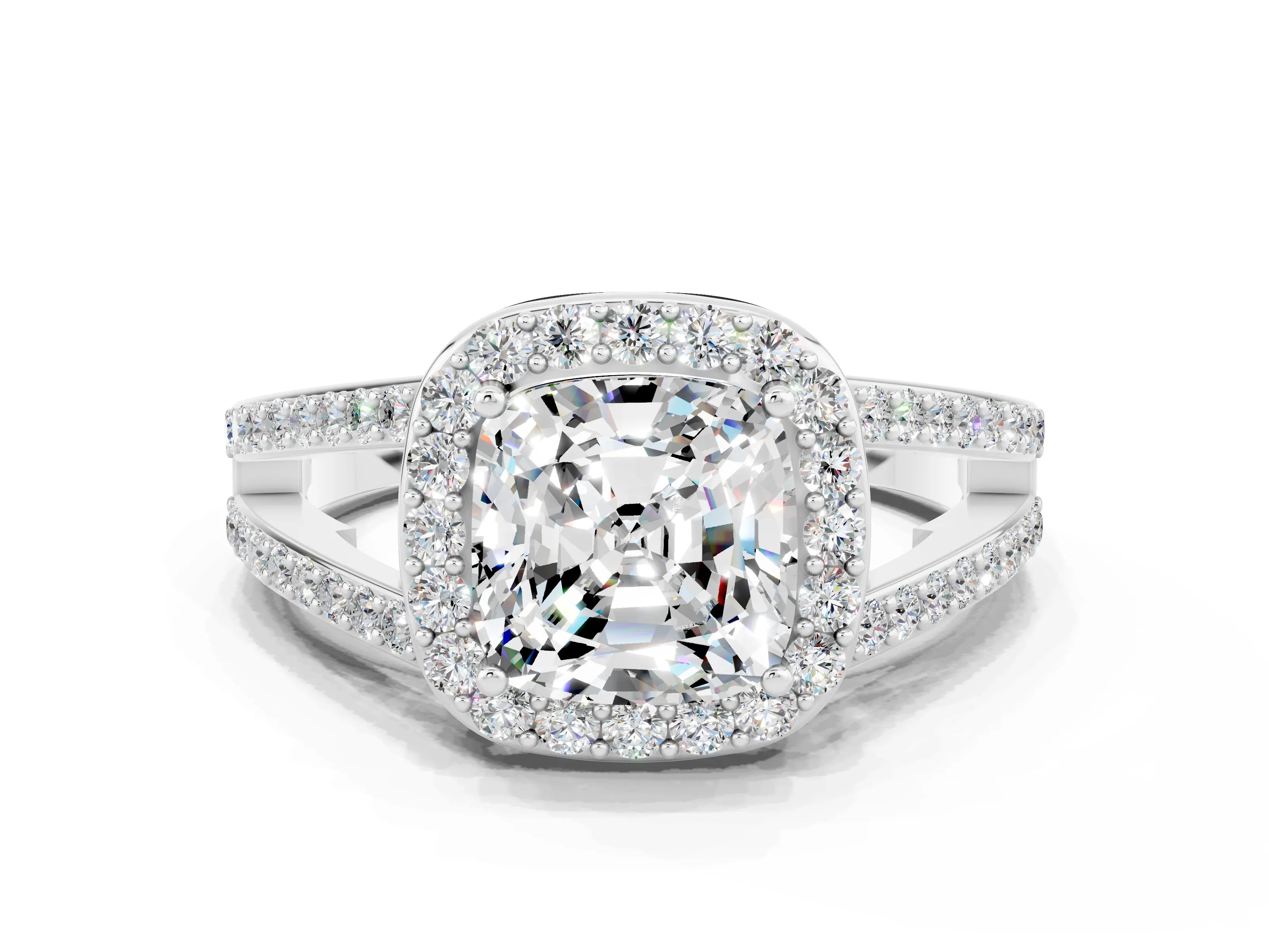 White gold Cushion Cut Moissanite Halo Ring with Split Shank U-Prong Band and Four-Prong Setting