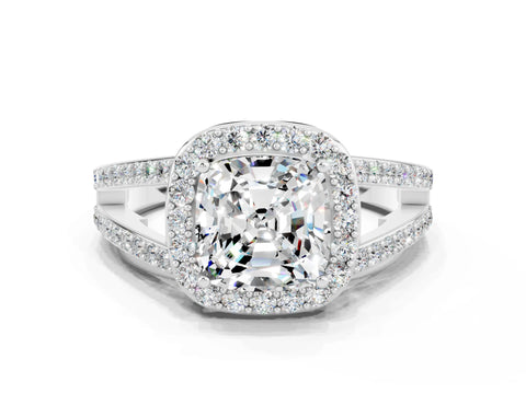 White gold Cushion Cut Moissanite Halo Ring with Split Shank U-Prong Band and Four-Prong Setting