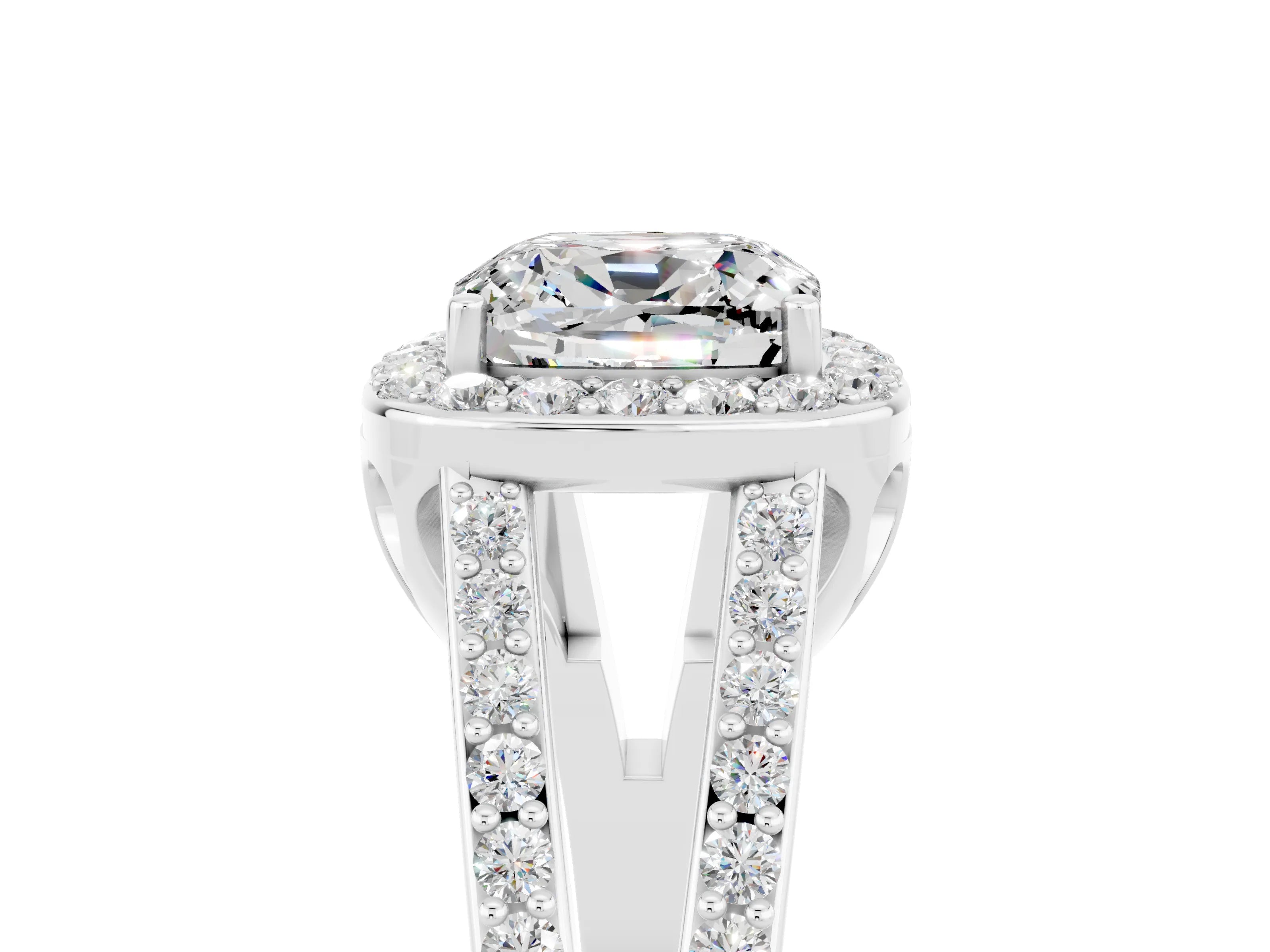 White gold Cushion Cut Moissanite Halo Ring with Split Shank U-Prong Band and Four-Prong Setting_5