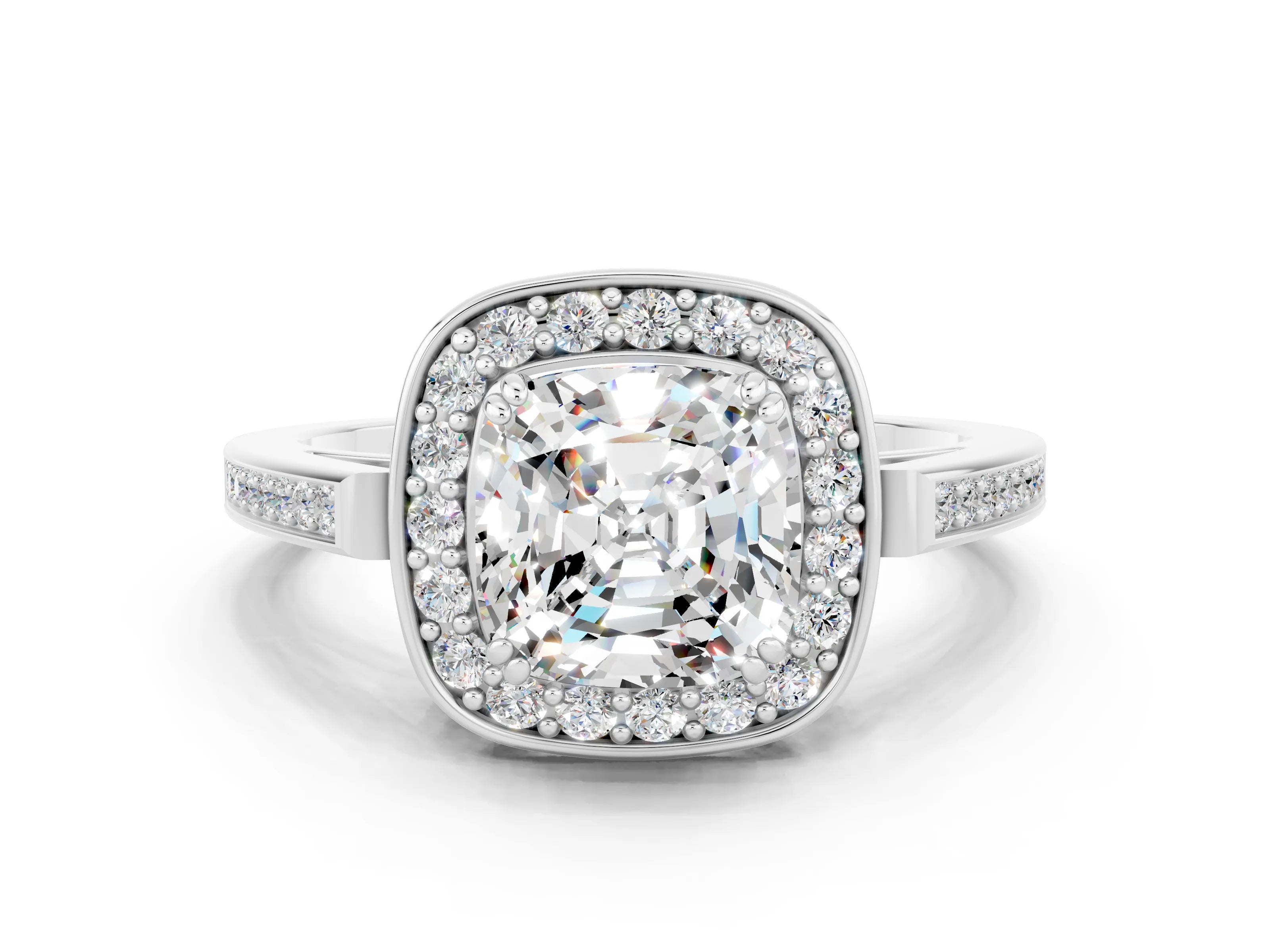 White gold Cushion Cut Moissanite Halo Ring with Split Shank and Four-Prong Setting_12