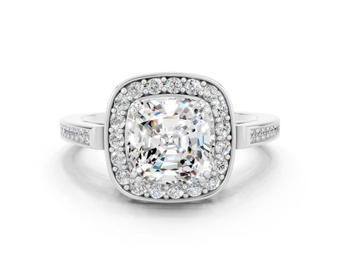 White gold Cushion Cut Moissanite Halo Ring with Split Shank and Four-Prong Setting_12
