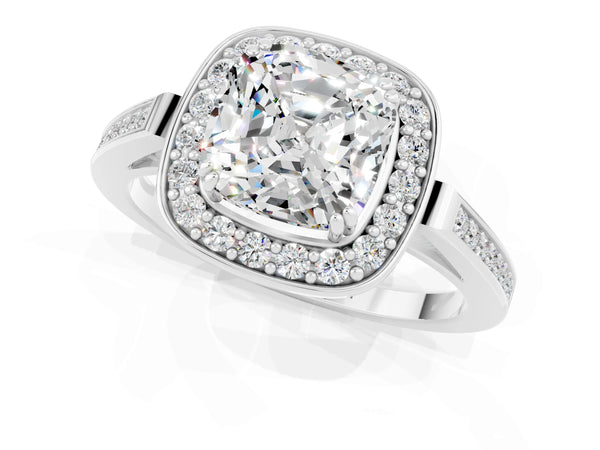 Platinum Cushion Cut Moissanite Halo Ring with Split Shank and Four-Prong Setting