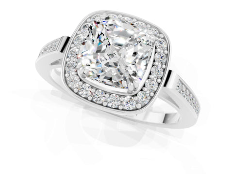 White gold Cushion Cut Moissanite Halo Ring with Split Shank and Four-Prong Setting_13