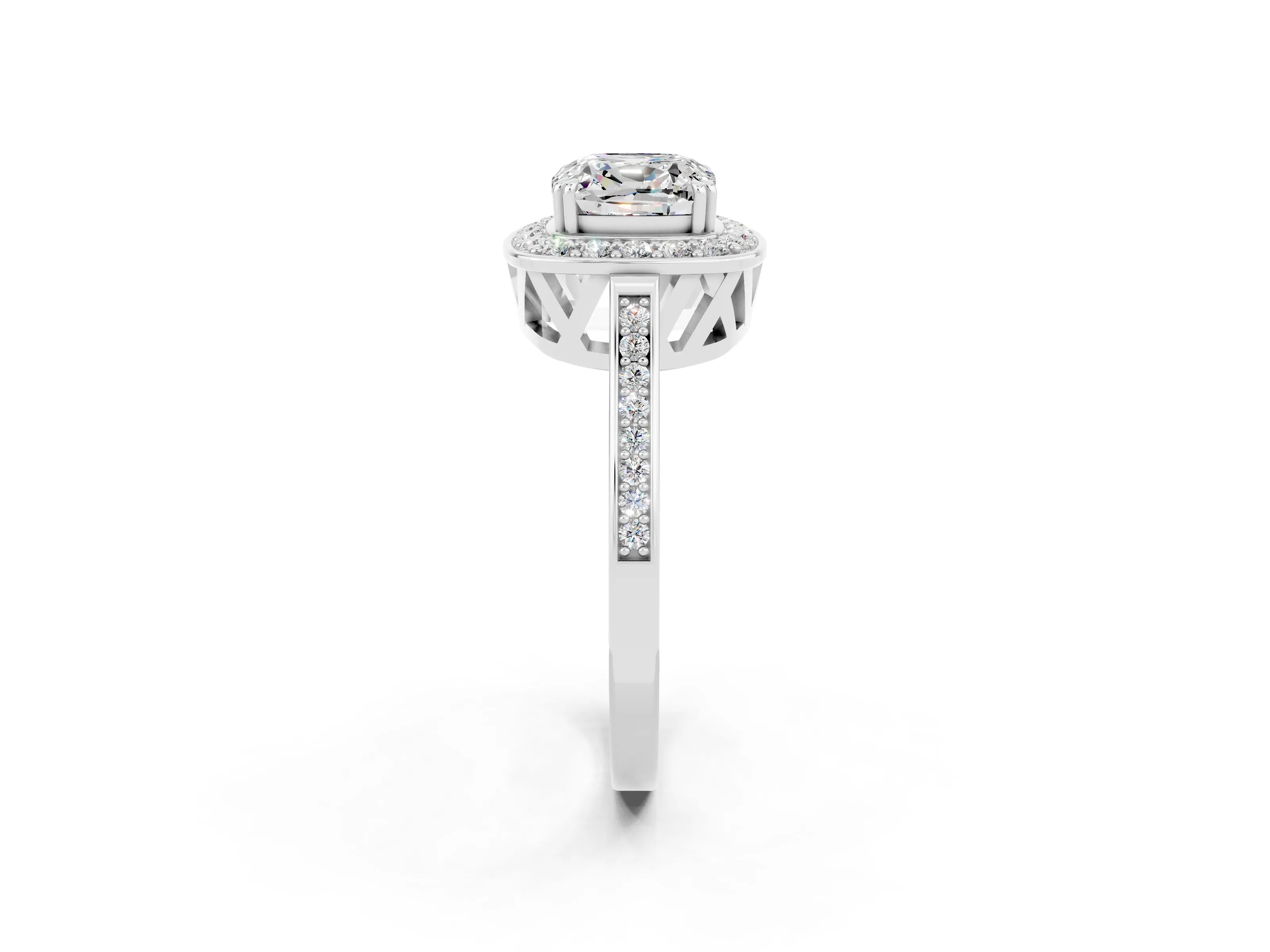 White gold Cushion Cut Moissanite Halo Ring with Split Shank and Four-Prong Setting_14