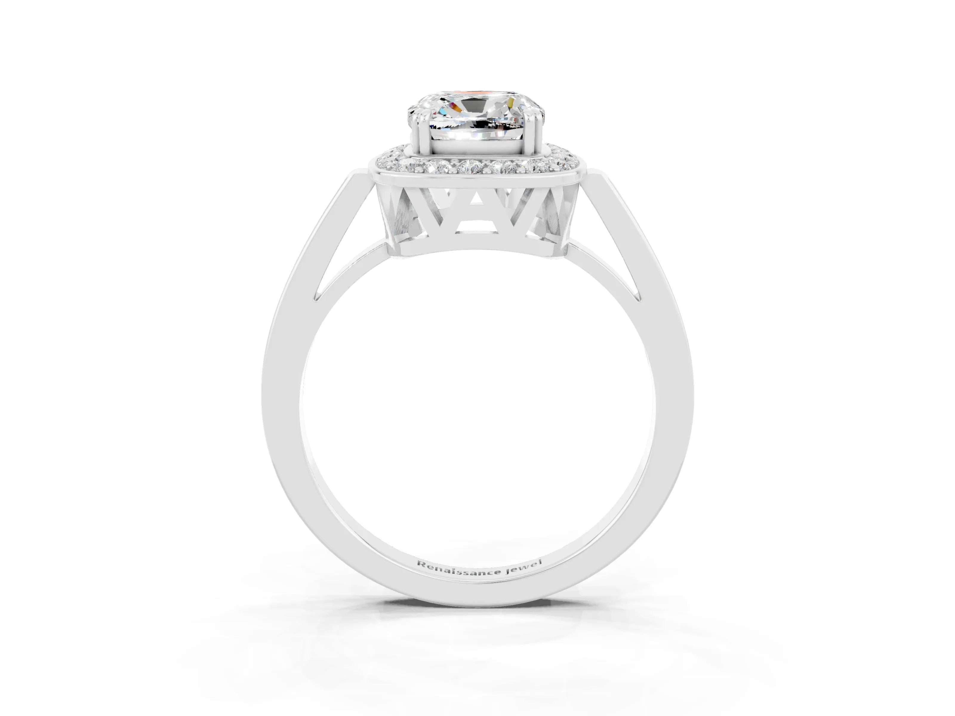White gold Cushion Cut Moissanite Halo Ring with Split Shank and Four-Prong Setting_15
