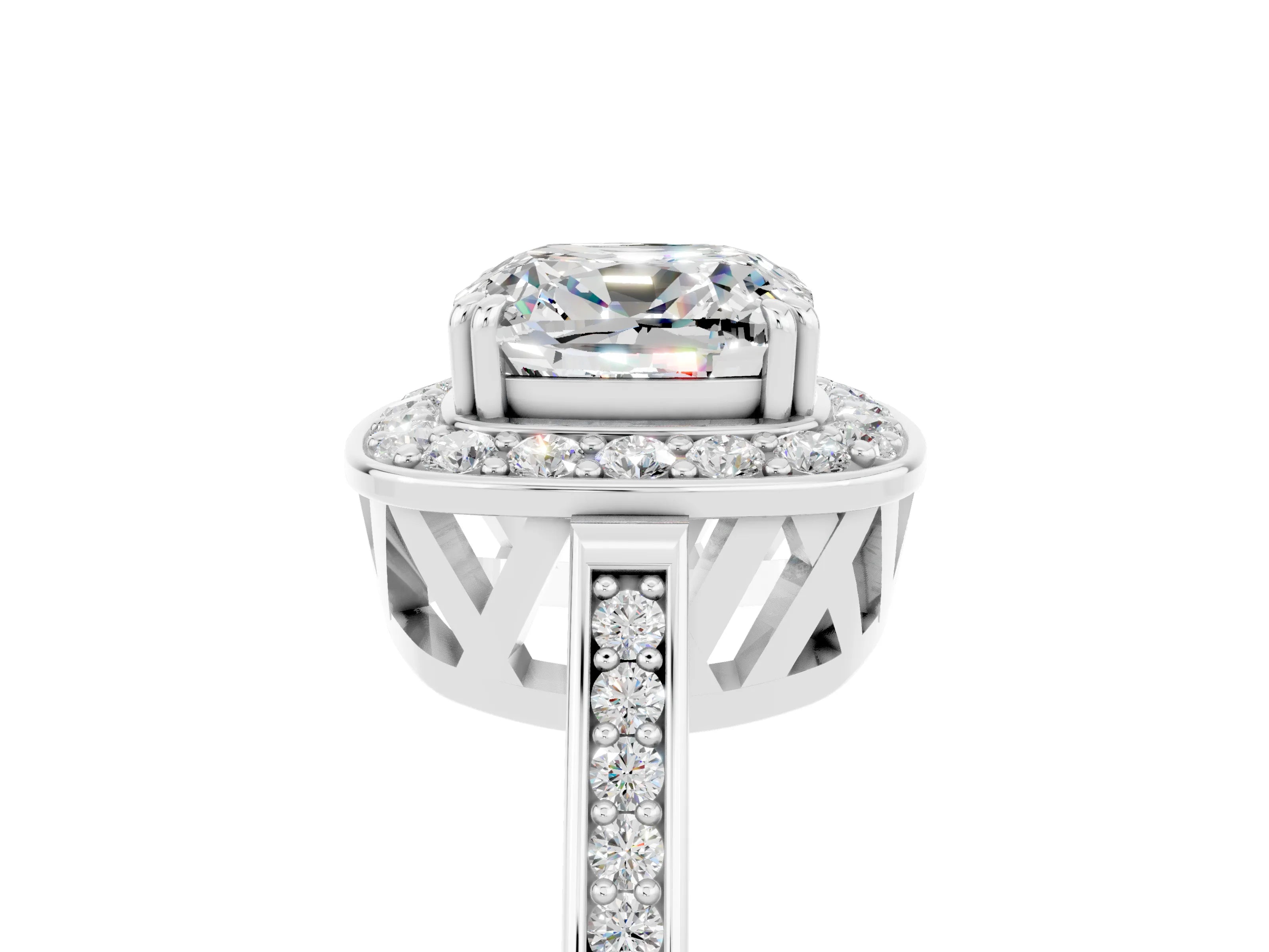 White gold Cushion Cut Moissanite Halo Ring with Split Shank and Four-Prong Setting_17