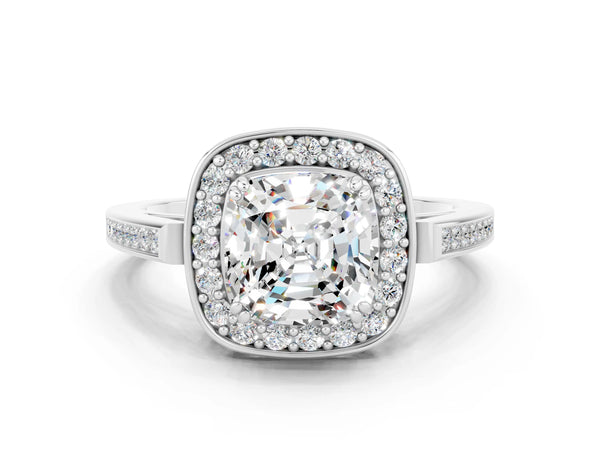White gold Cushion Cut Moissanite Halo Ring with Split Shank and Four-Prong Setting