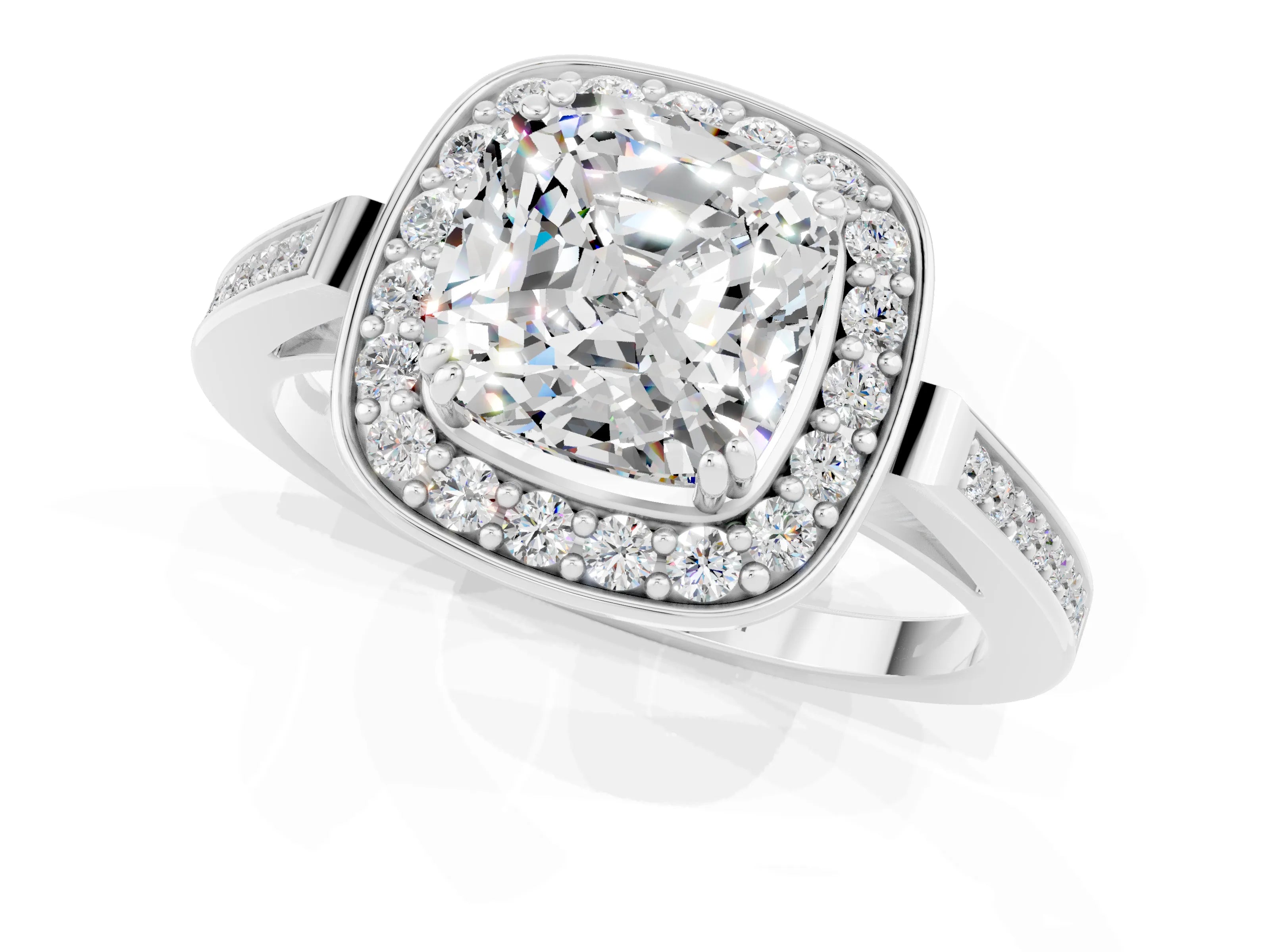 White gold Cushion Cut Moissanite Halo Ring with Split Shank and Four-Prong Setting_37