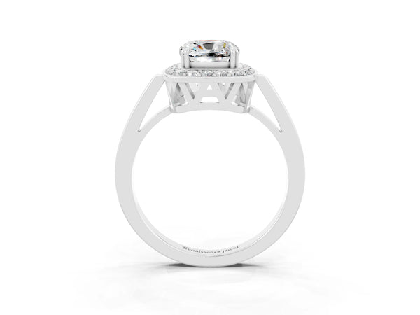 White gold Cushion Cut Moissanite Halo Ring with Split Shank and Four-Prong Setting